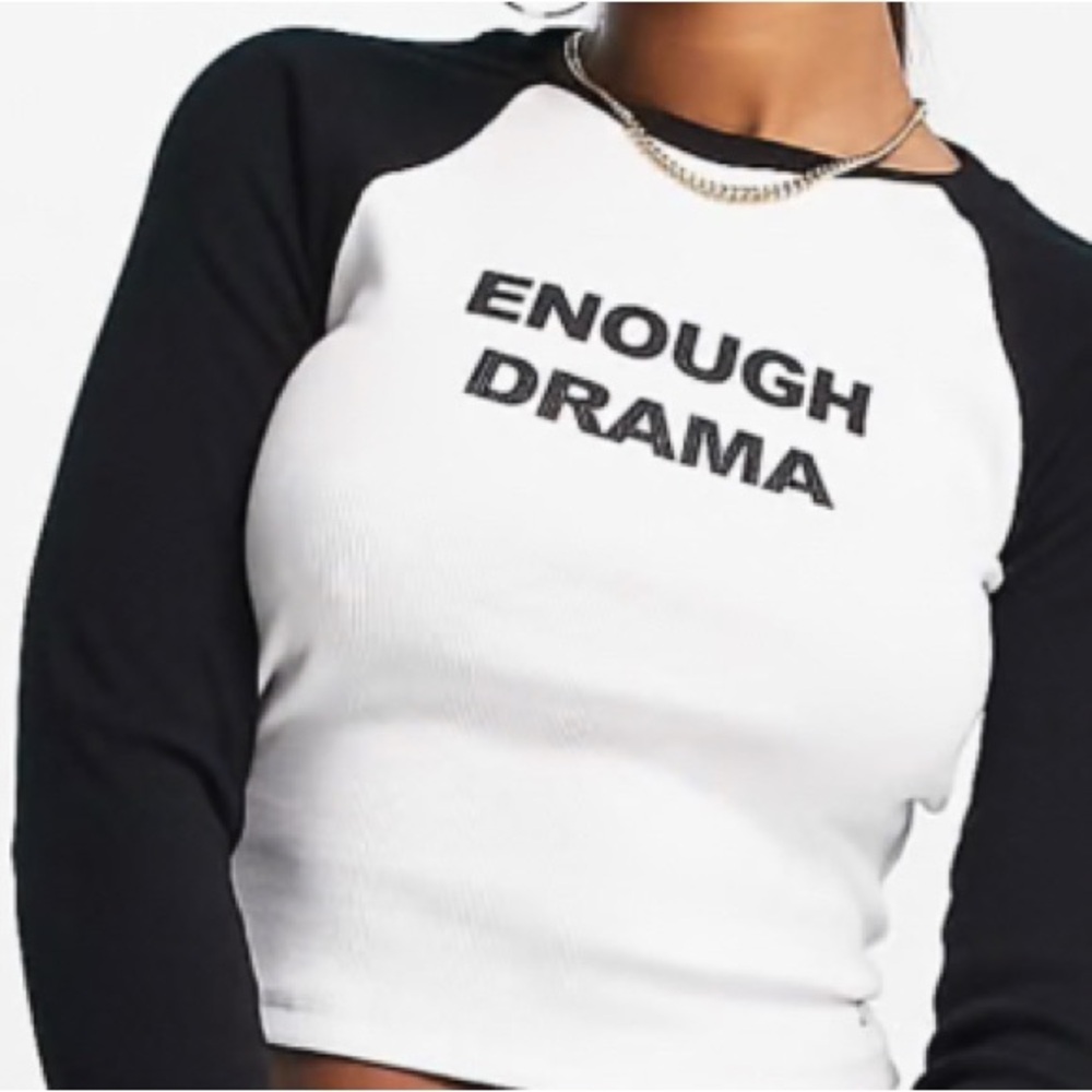 Bershka Black and White 'Enough Drama' Raglan Top